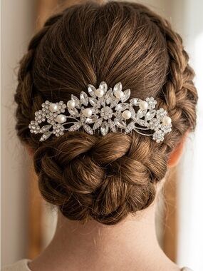 Crystal & Pearl Floral Bridal Hair Comb - Silver Tone